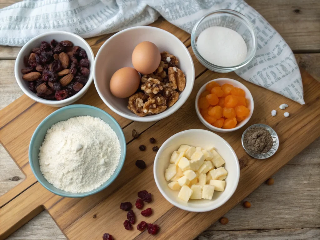 Ingredients arranged neatly on a wooden countertop