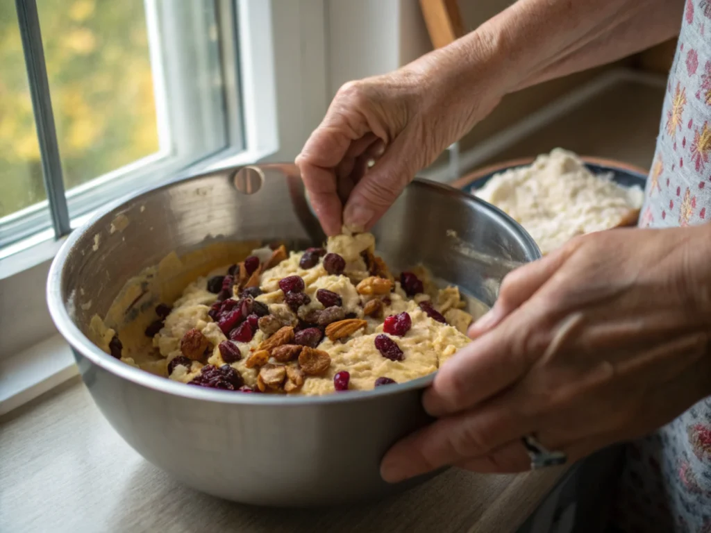 Hands mixing batter with fruits and nuts in a bowl