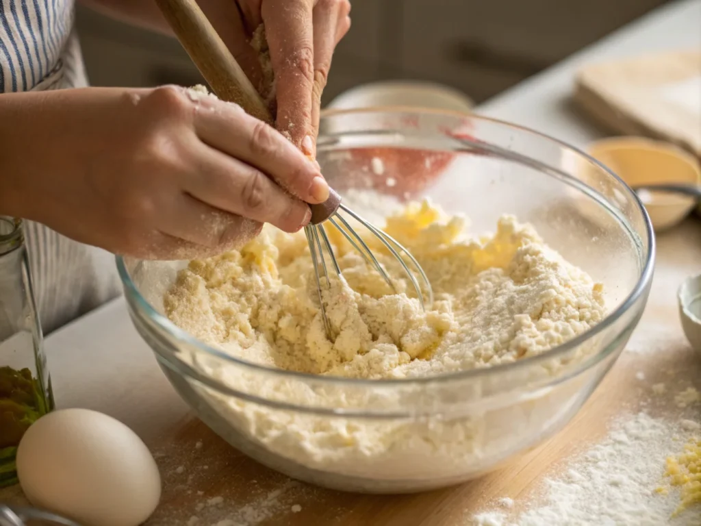 Close-up of hands mixing cake batter with visible ingredients in natural kitchen lighting