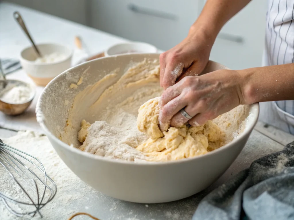 Hands preparing dough in a mixing bowl with natural light