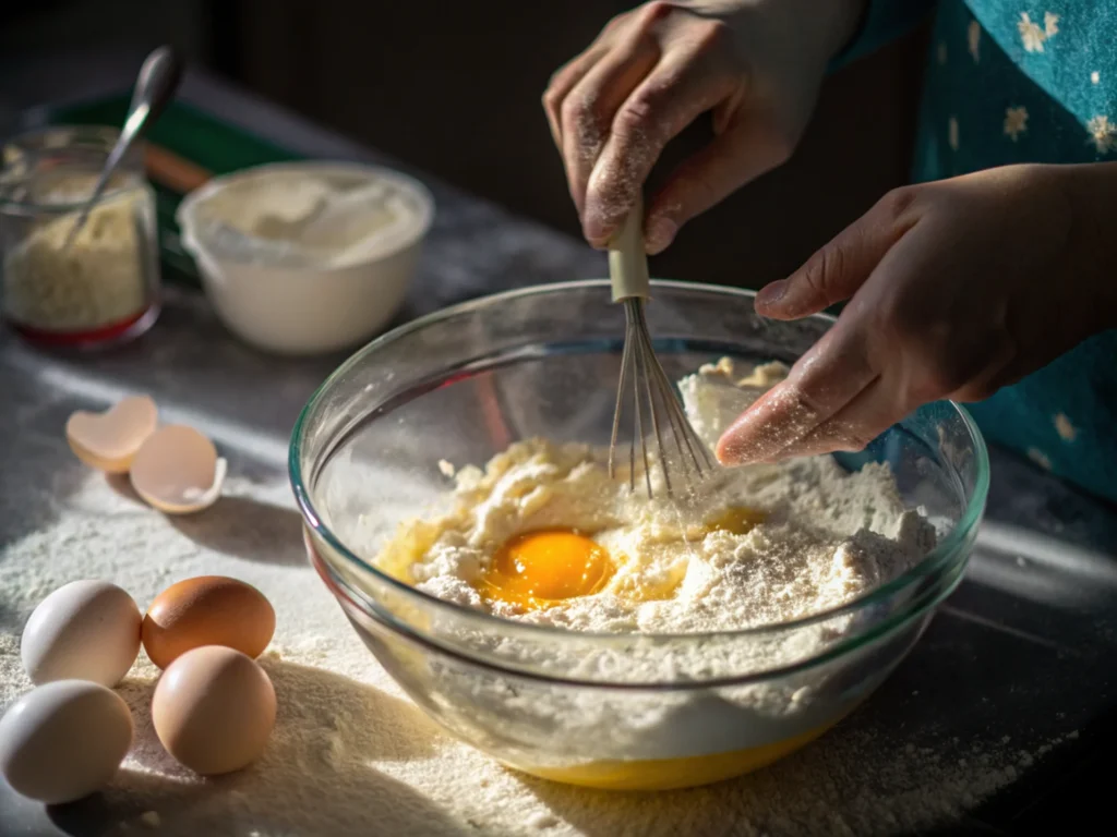 Mixing kefir and eggs for cake preparation.