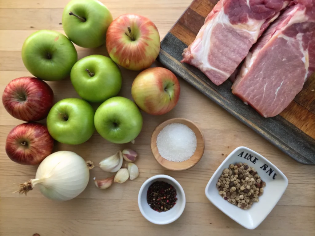 Perfectly plated pork dish with caramelized apples and garnishes