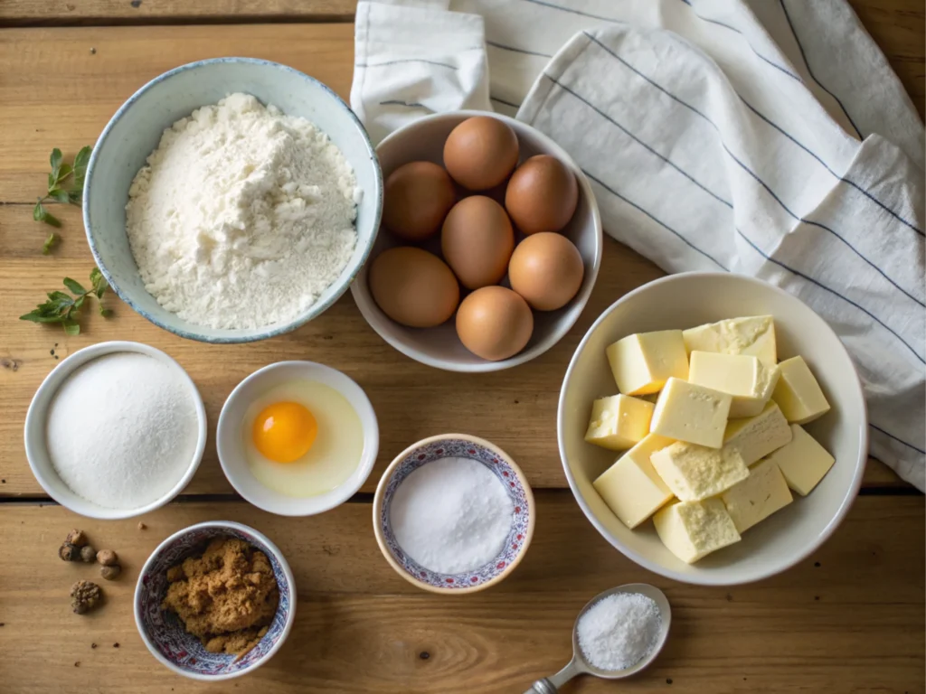 Flat-lay of fresh baking ingredients on a wooden countertop