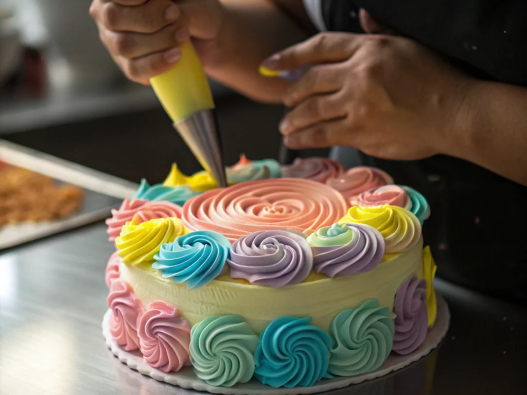 Hands decorating a cake inspired by Costco birthday styles