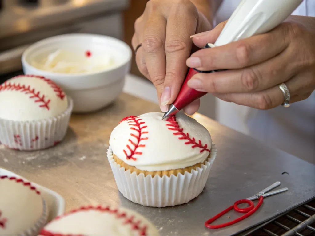 Hands piping red frosting on a cupcake