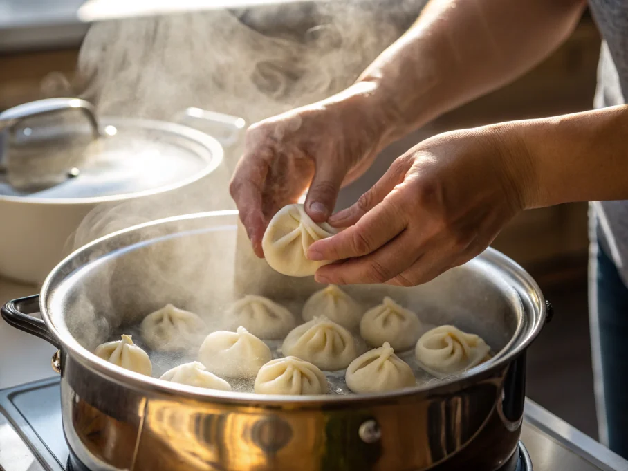 Hands placing dumplings into a steamer.