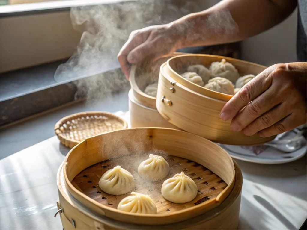 Close-up of hands carefully arranging dumplings into a bamboo steamer with visible rising steam.