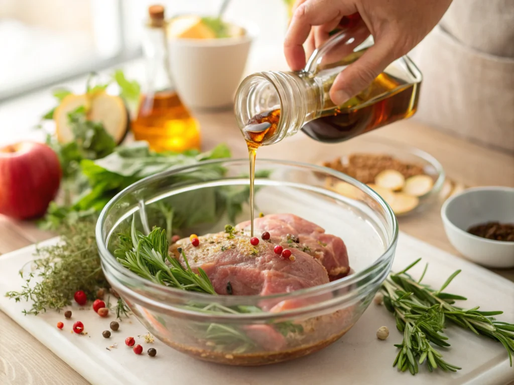 Hands pouring marinade over pork in a glass bowl, surrounded by fresh herbs and spices