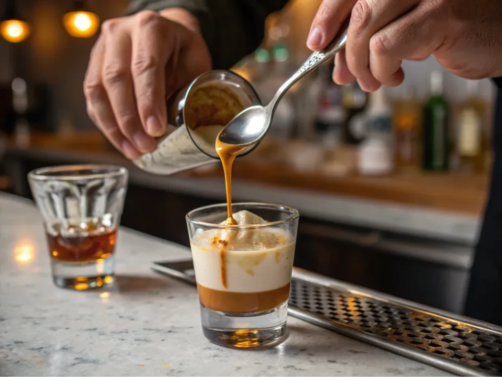 Close-up of hands preparing a layered cocktail with precision pouring