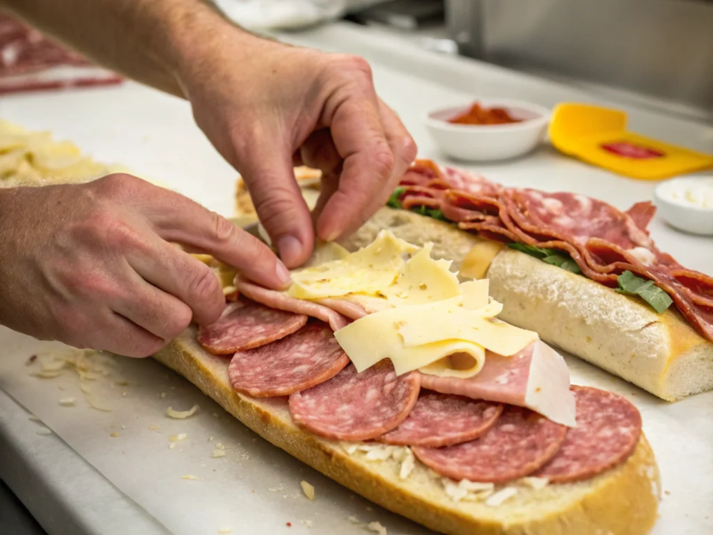 Hands layering meats and vegetables on sandwich bread