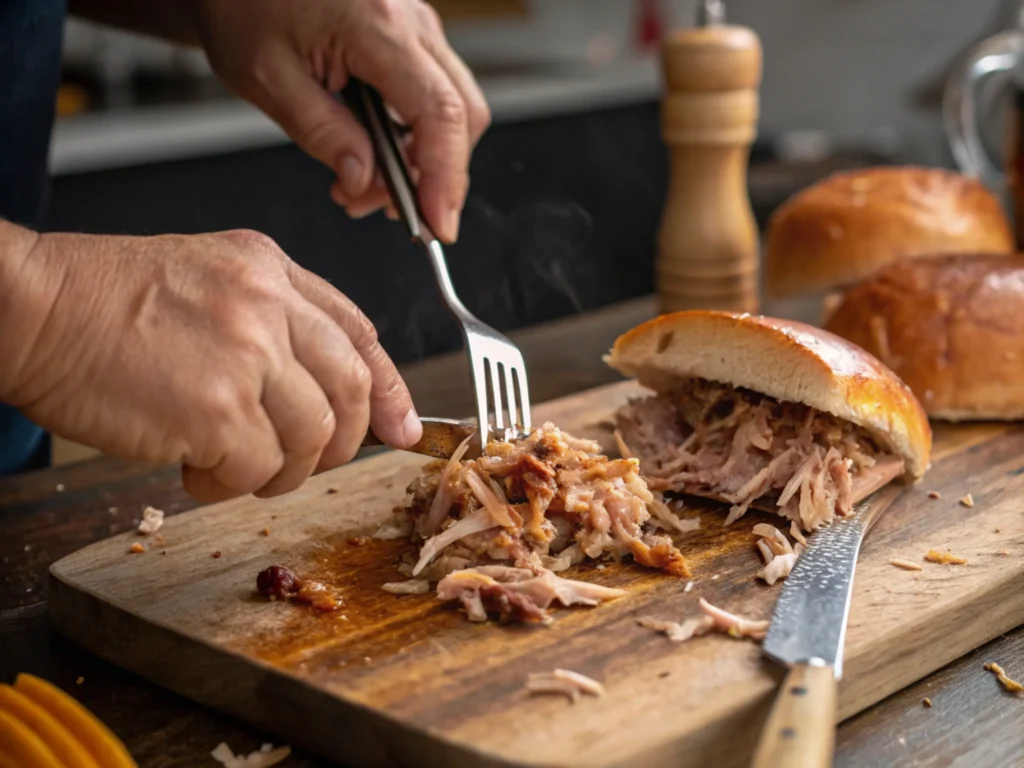 Close-up of hands shredding tender pulled pork