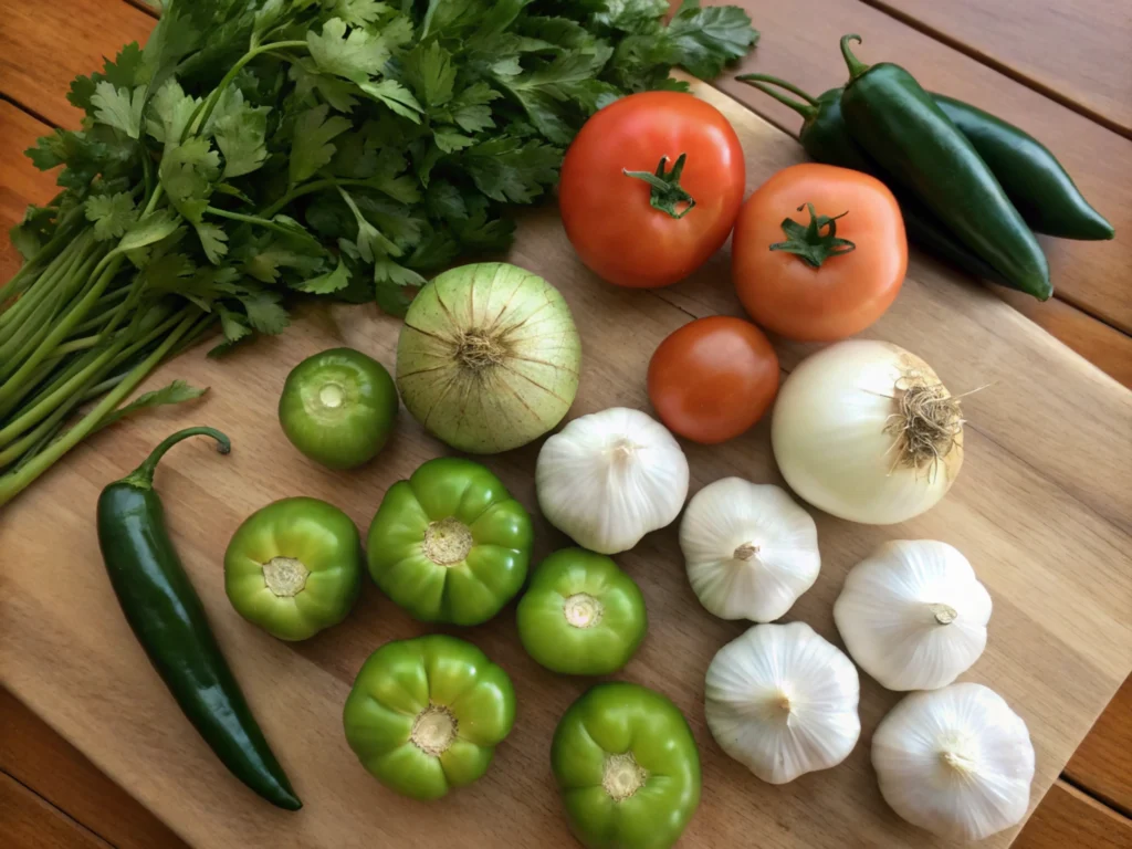 Fresh ingredients for a vibrant salsa on a wooden countertop