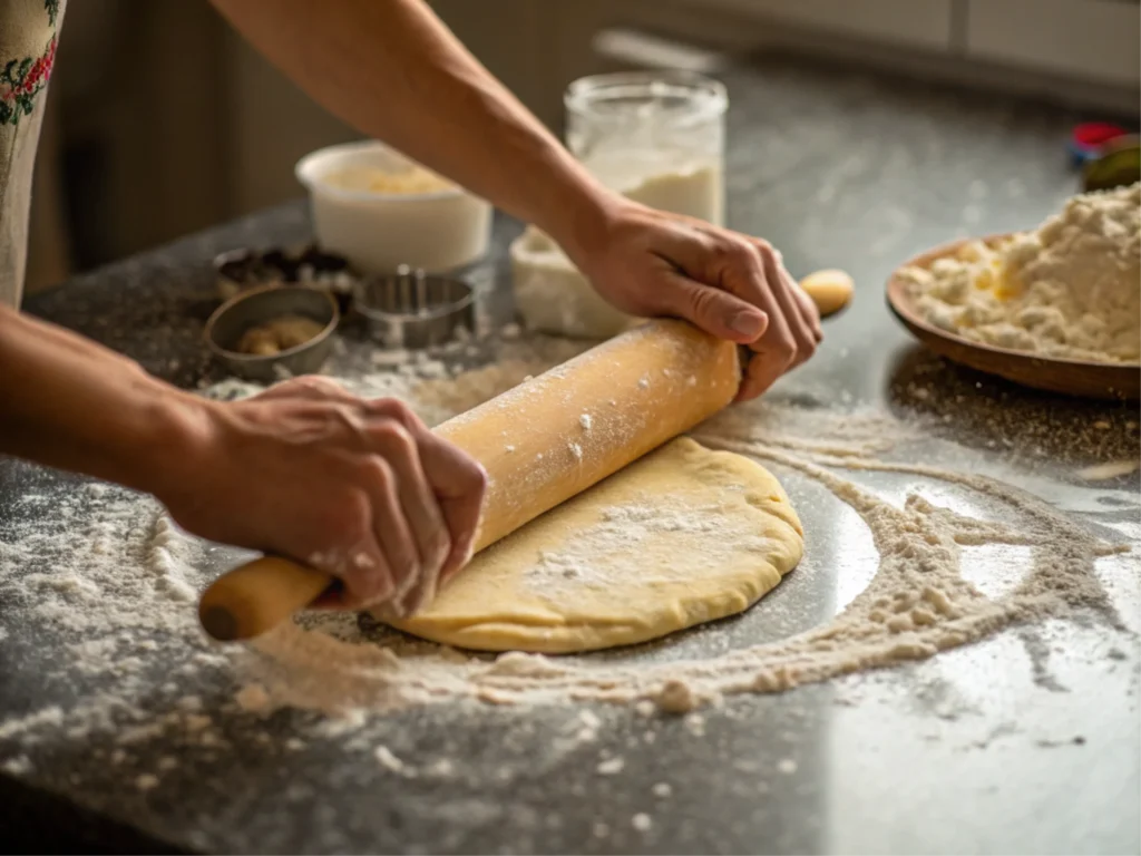 Hands rolling out dough on a floured surface