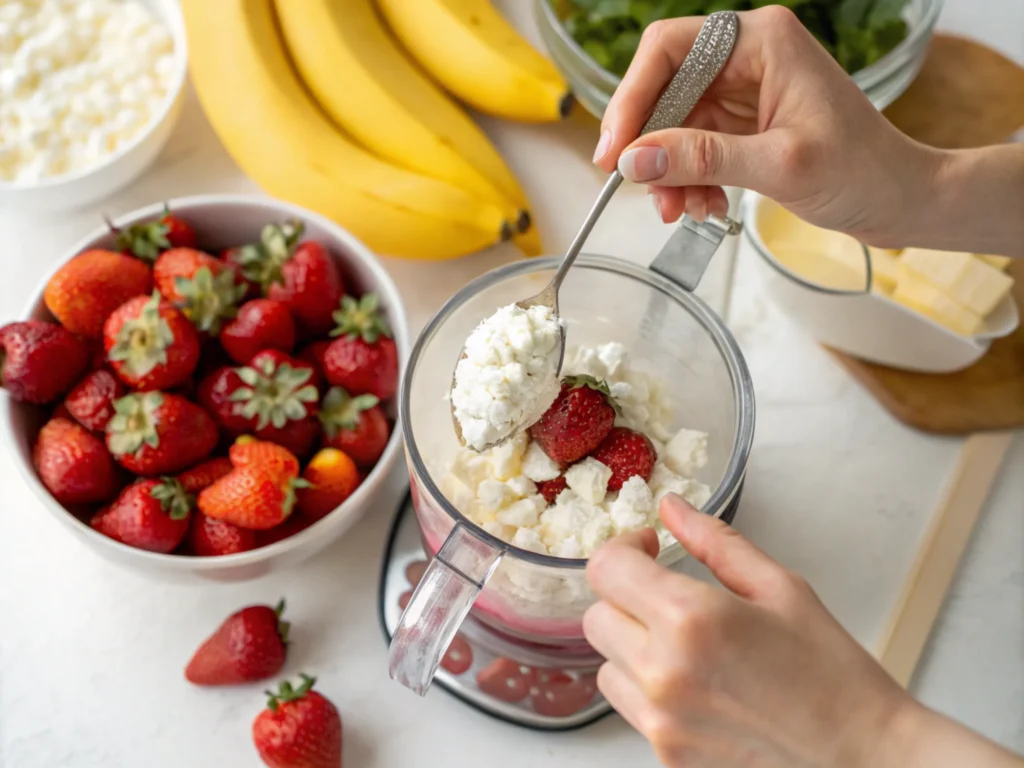 Hands blending ingredients in a kitchen setting