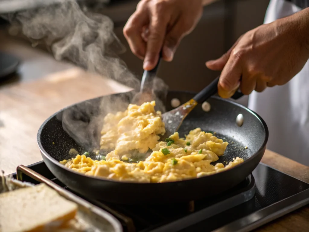 Hands scrambling eggs in a skillet with natural lighting