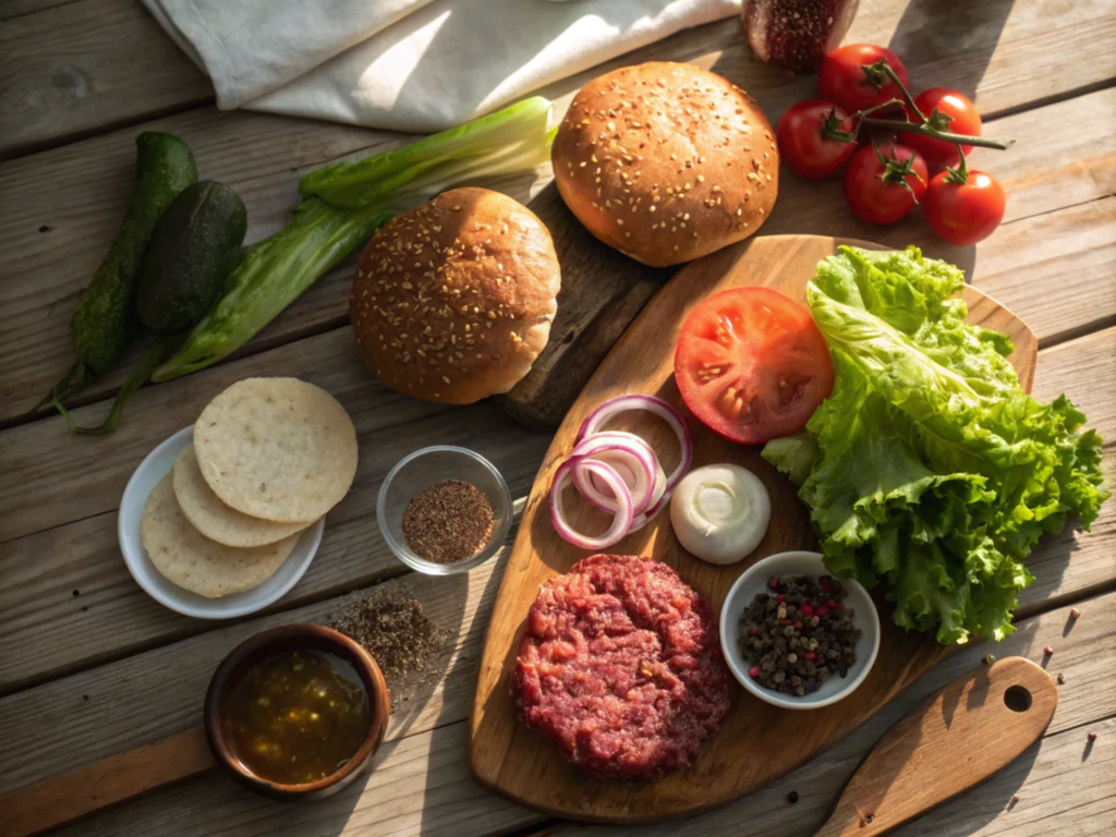 Fresh ingredients for a burger, neatly arranged on a rustic countertop