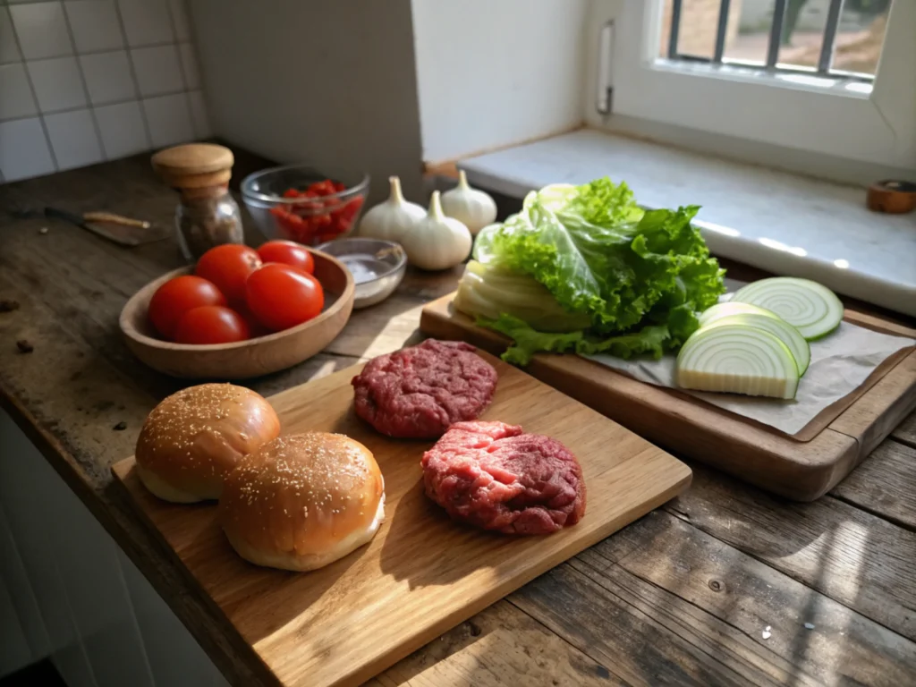 Flat-lay of fresh ingredients, including ground beef, vegetables, and buns