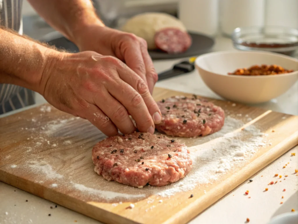 Preparation Step: Focuses on "ground beef" and the action of shaping the patty, avoiding the direct mention of brisket unless it's necessary.
