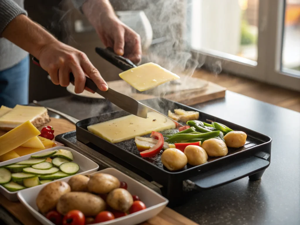 Slicing cheese and placing it on a grill tray.