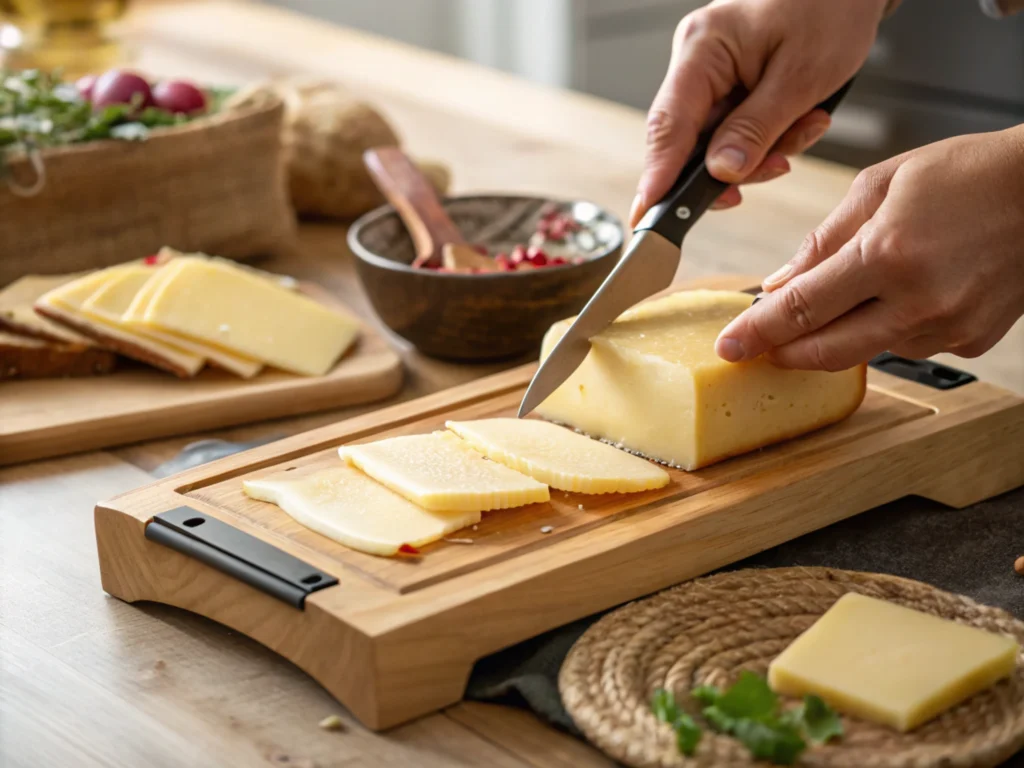 Close-up of hands slicing raclette cheese with natural lighting.