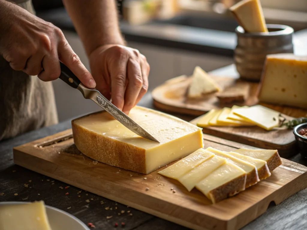 Close-up of hands slicing cheese with a sharp knife on a wooden cutting board, captured in natural kitchen lighting