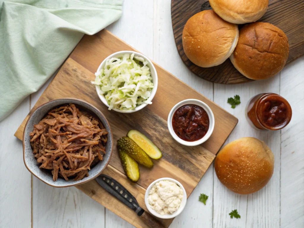 Flat-lay of BBQ essentials: buns, coleslaw, pickles, and sauce.