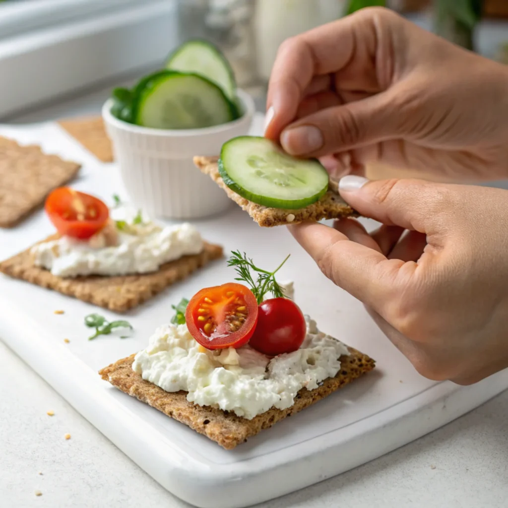 Hands spreading cheese on a cracker with fresh toppings