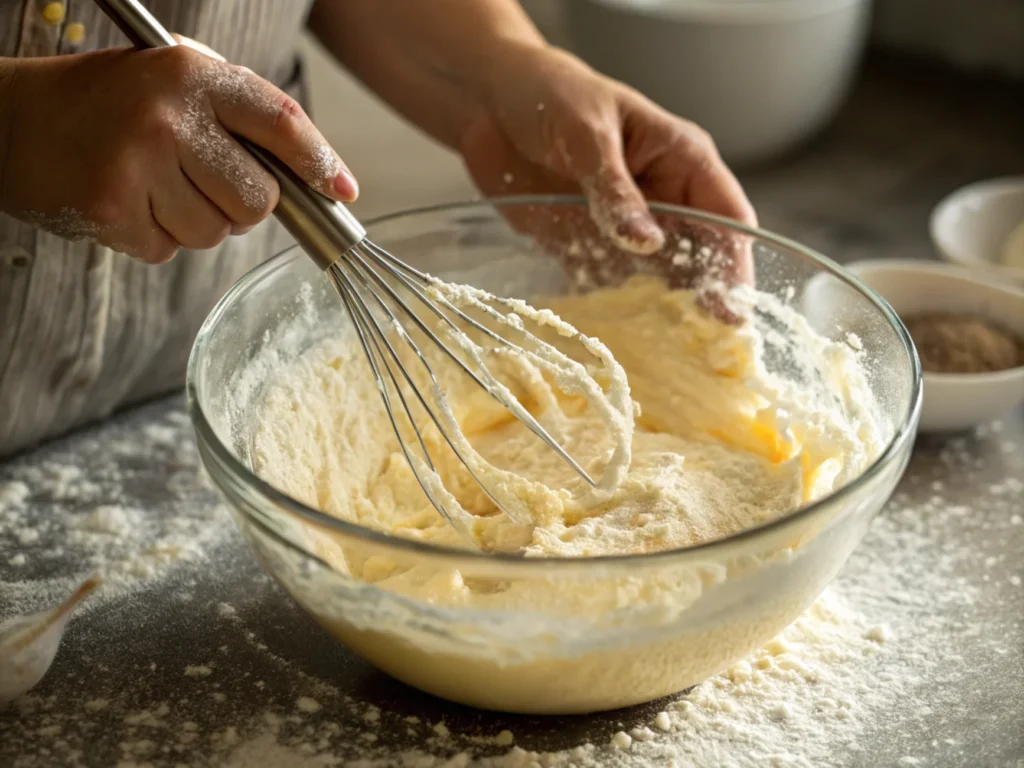 Close-up of hands whisking batter in a bowl with flour dust adding a realistic touch.