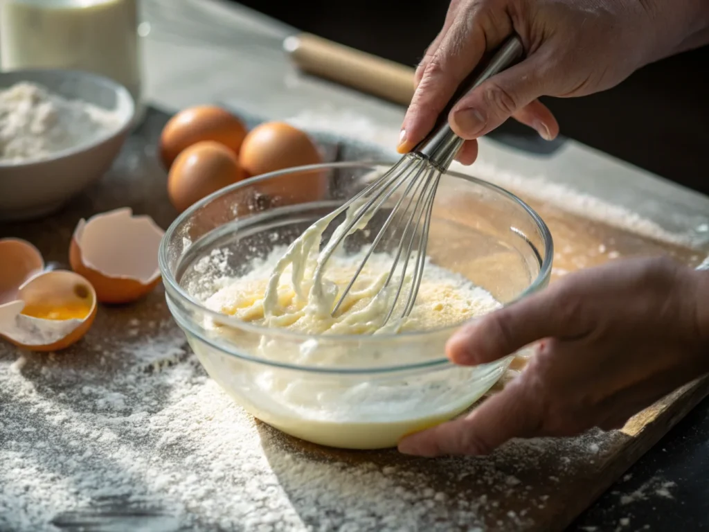 Close-up of hands whisking ingredients in a bowl, with natural kitchen lighting and realistic detail.