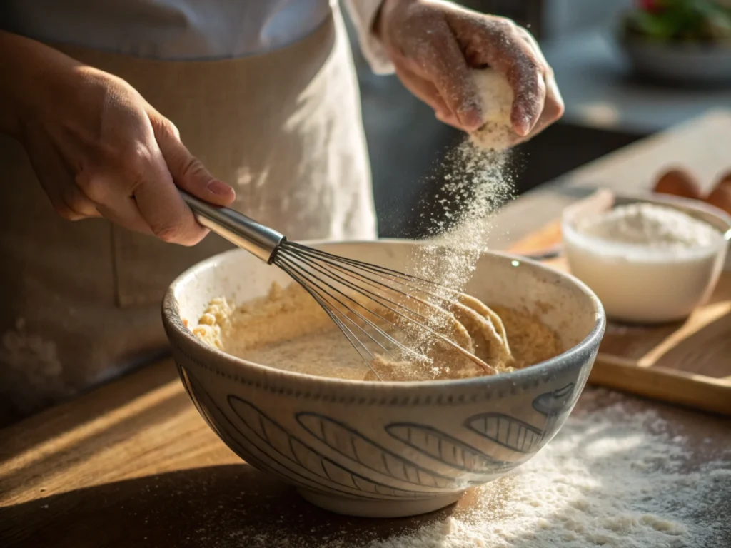 Close-up of hands whisking batter in a bowl