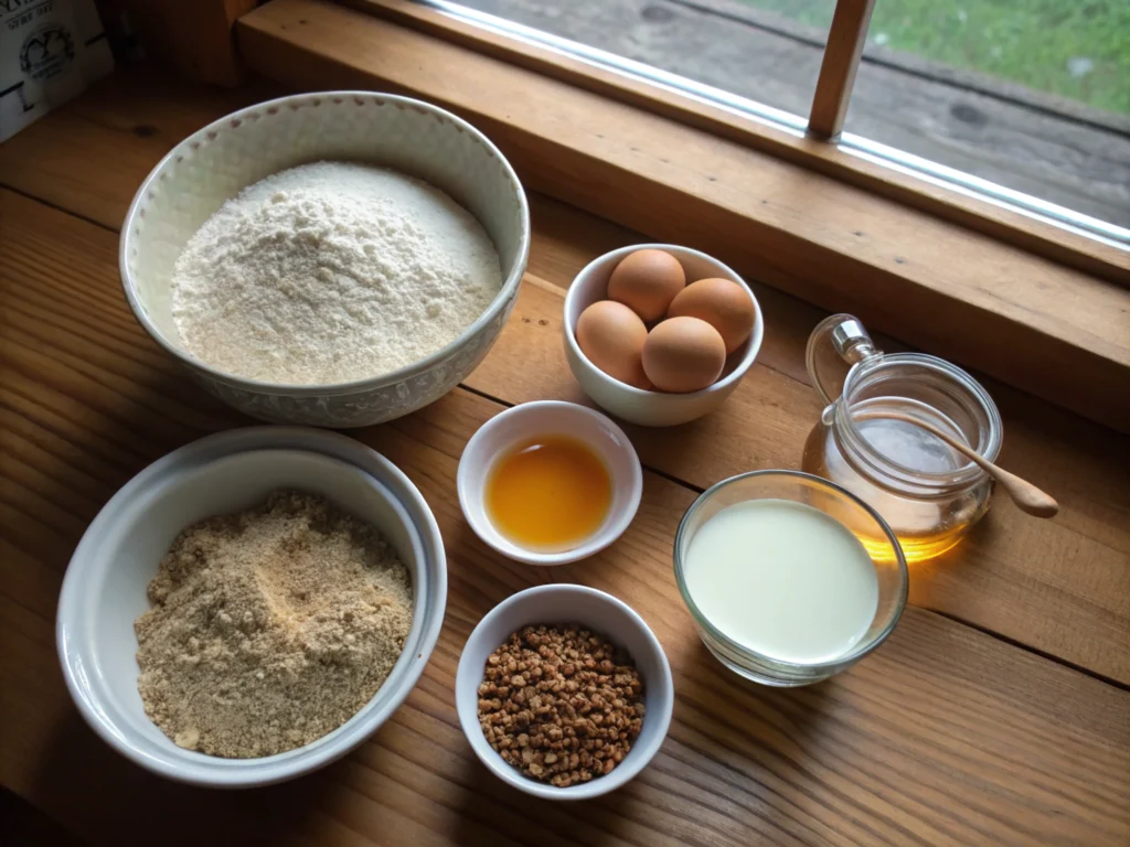 Flat-lay of ingredients on a rustic wooden countertop