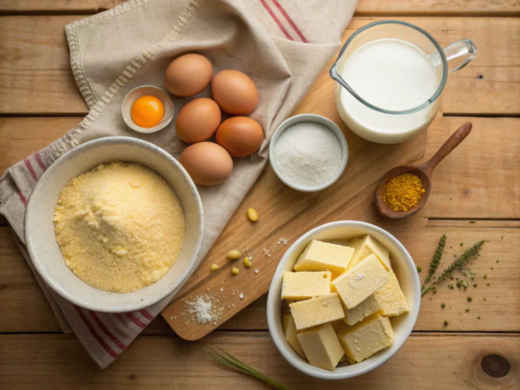 Ingredients neatly arranged on a wooden countertop.