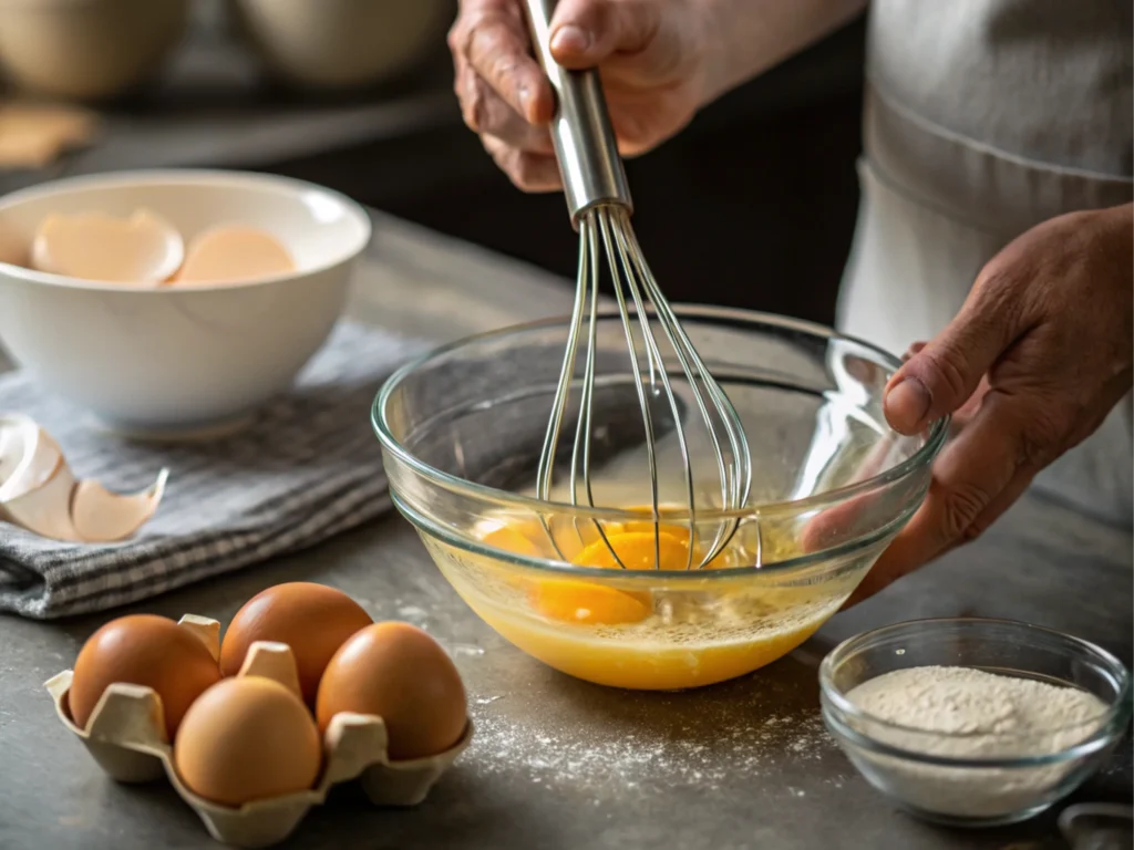 Whisking eggs in a bowl to prepare an Egg Drop Sandwich