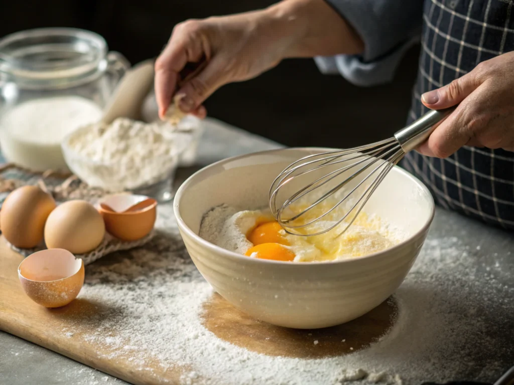 Close-up of hands whisking batter in a mixing bowl with natural lighting