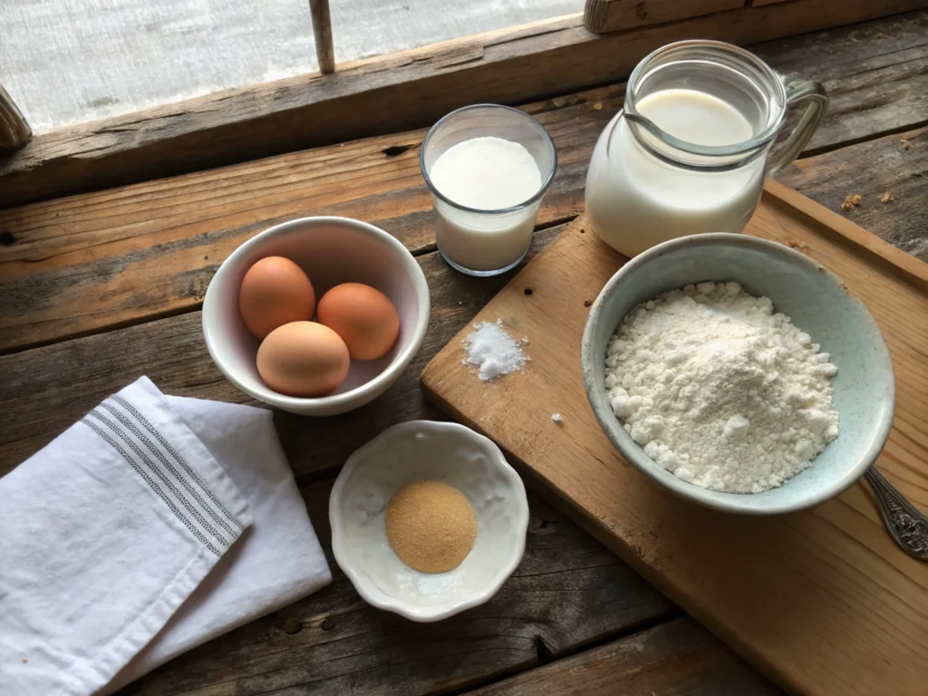 Flat-lay of baking ingredients neatly arranged on a rustic counter