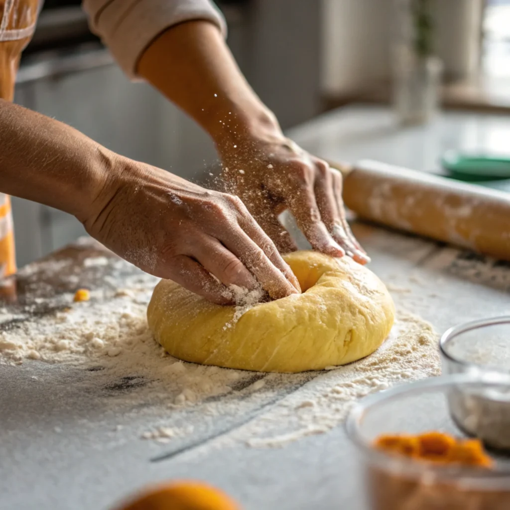 Close-up of hands kneading dough, with flour dust and soft kitchen lighting