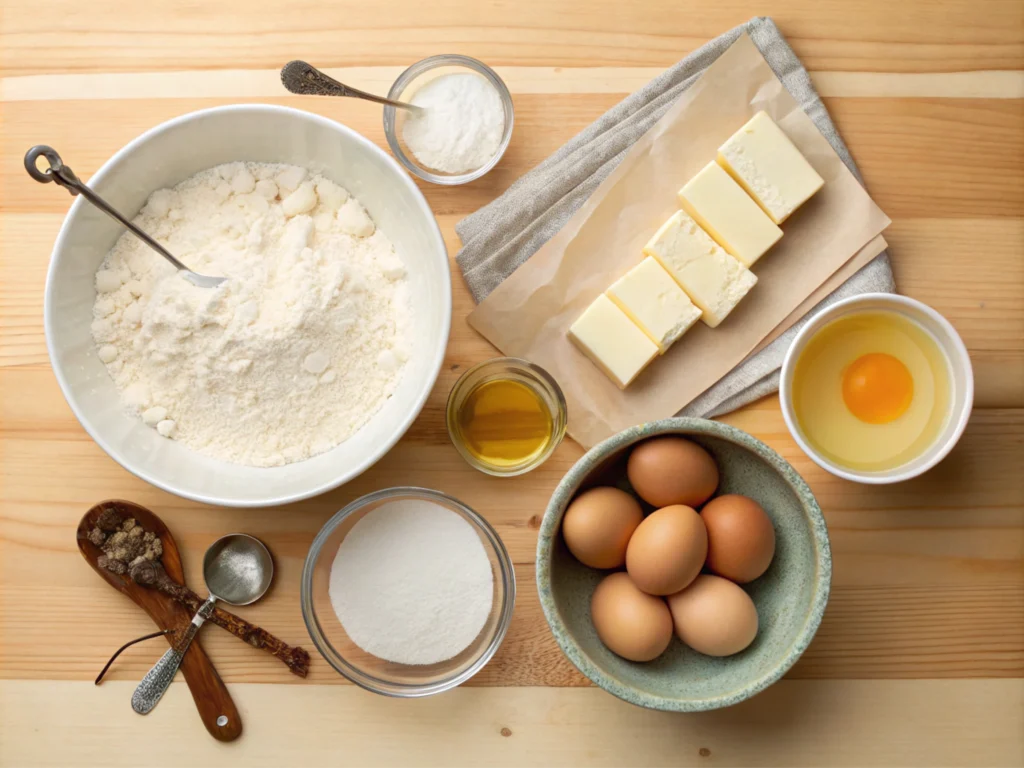 Baking ingredients on a wooden countertop