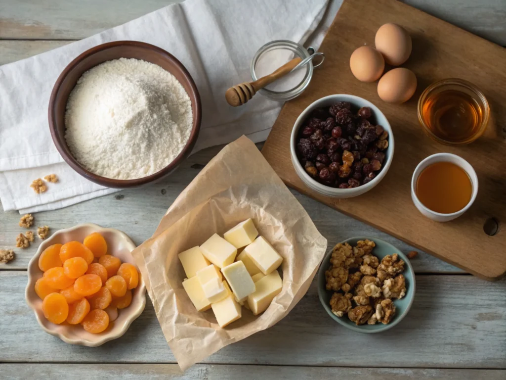 Flat-lay of ingredients for baking, including dried fruits, nuts, eggs, and spices on a wooden surface