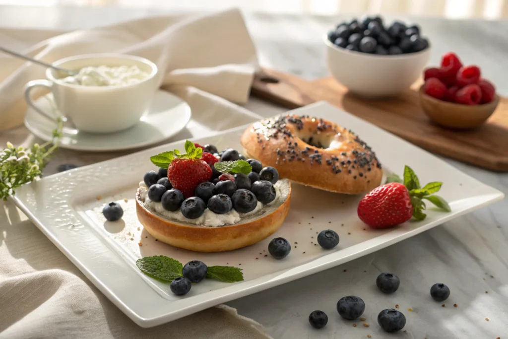 Bagel served with fruit and garnishes on a modern plate