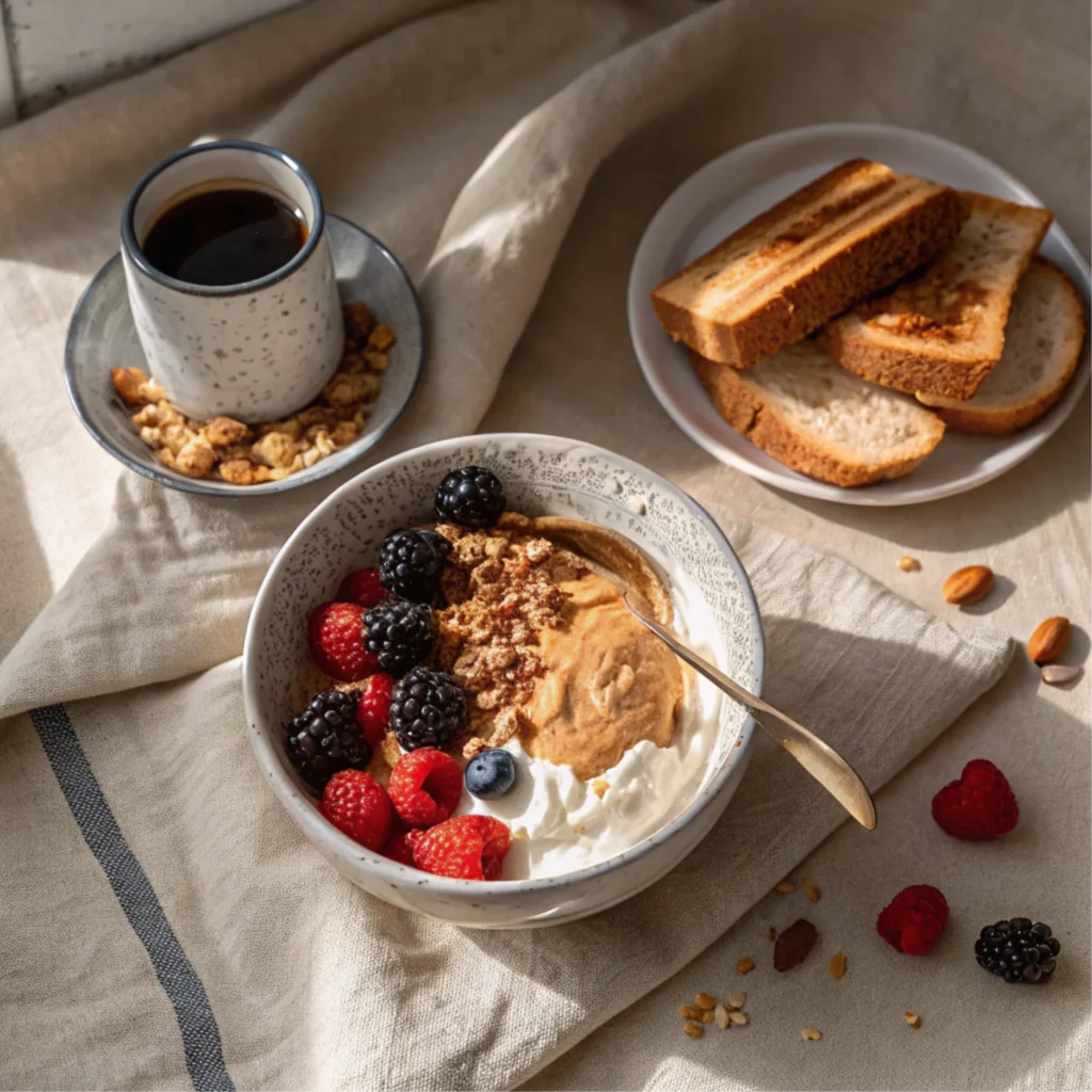 Breakfast bowl with fruits, granola, toast, and coffee on a cozy table