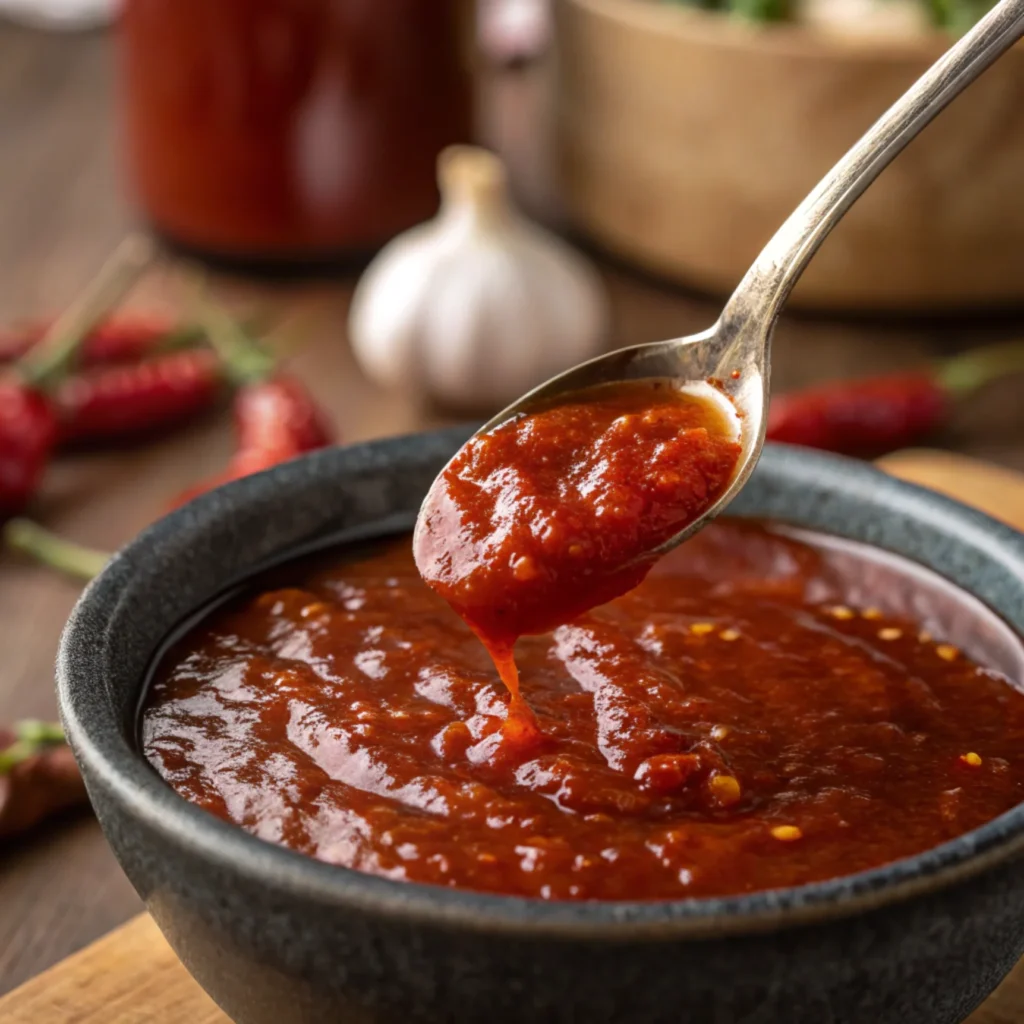 Spoon dipped in glossy Mexican hot sauce with spices