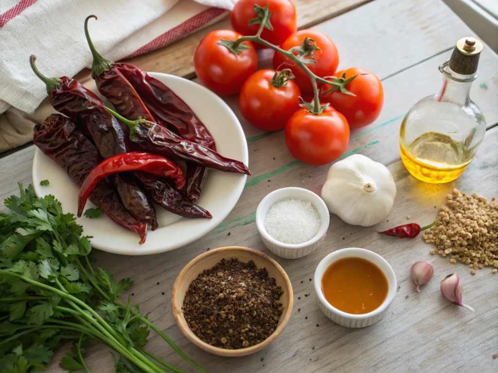 Flat-lay of fresh ingredients for sauce on a rustic countertop