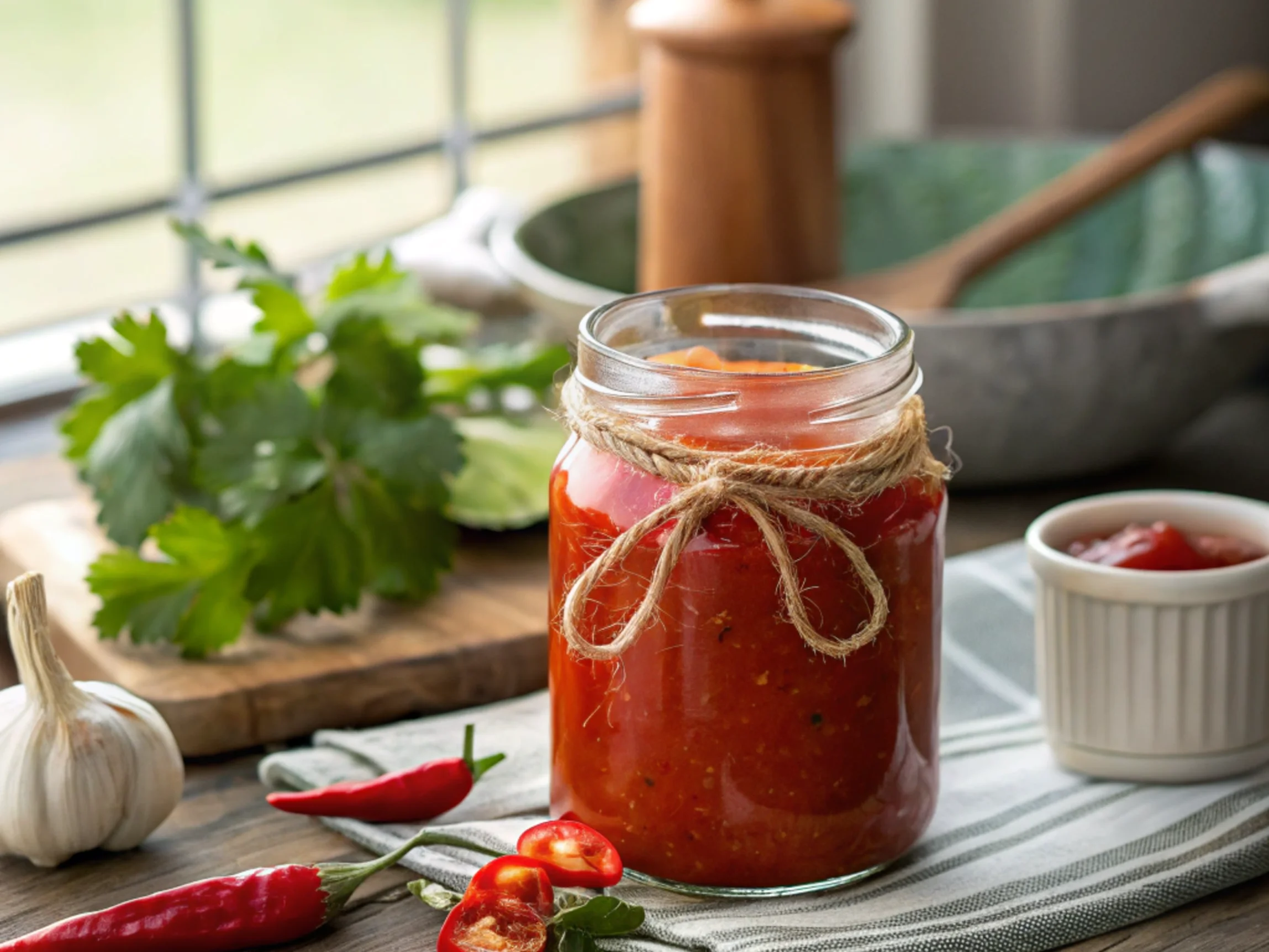 Glass jar of sauce with fresh chilies and garlic on a wooden table