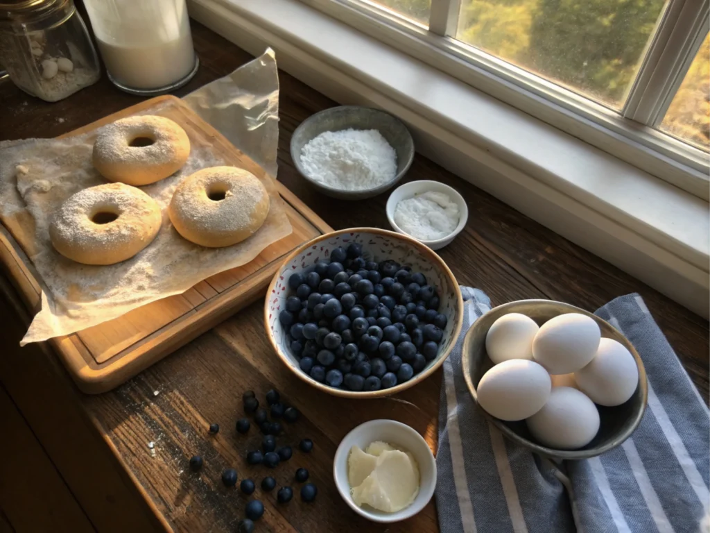 Fresh baking ingredients arranged on a rustic countertop