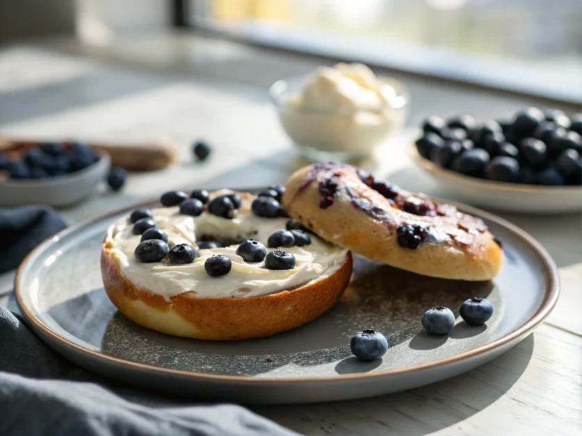 Bagel with cream cheese plated on a modern ceramic dish