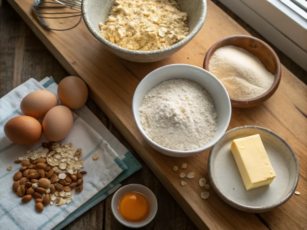 Flat-lay of baking ingredients neatly arranged on a rustic countertop