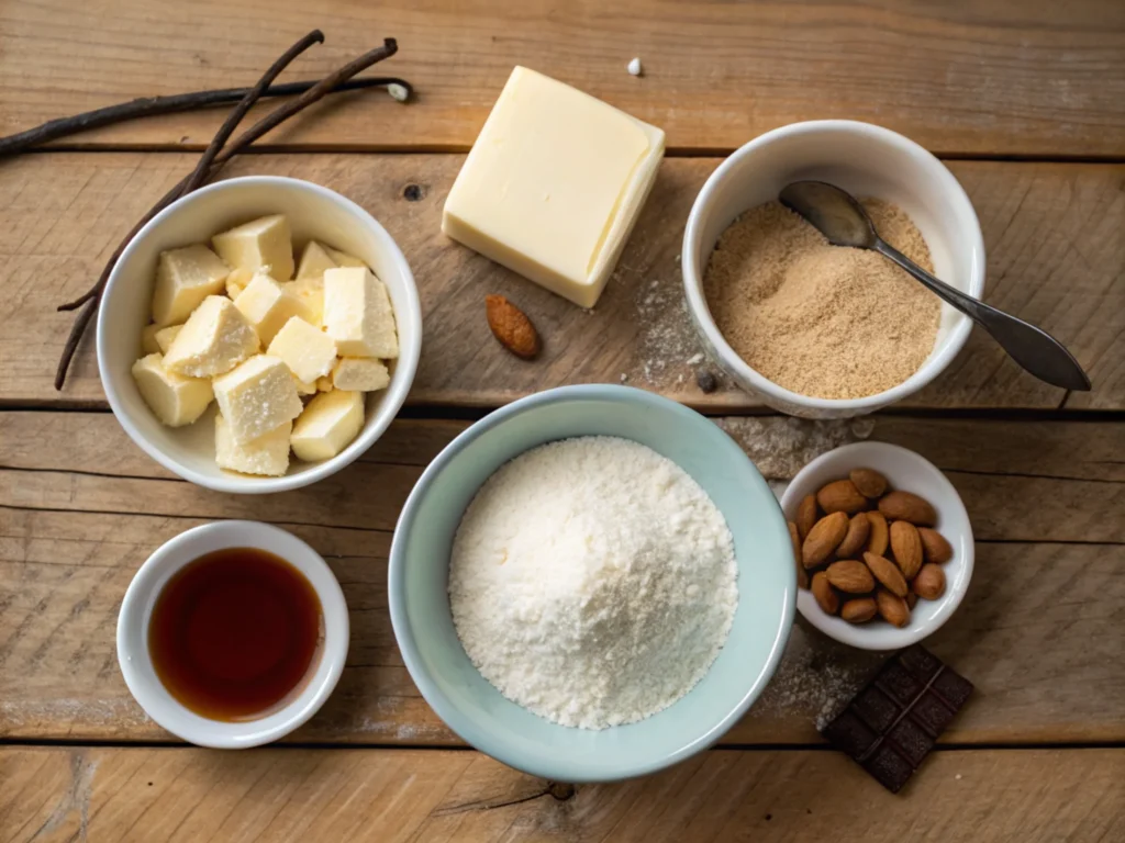 Flat-lay of baking ingredients arranged on a rustic countertop