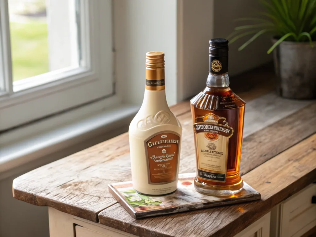 Flat-lay of butterscotch schnapps and Irish cream on a rustic wooden countertop