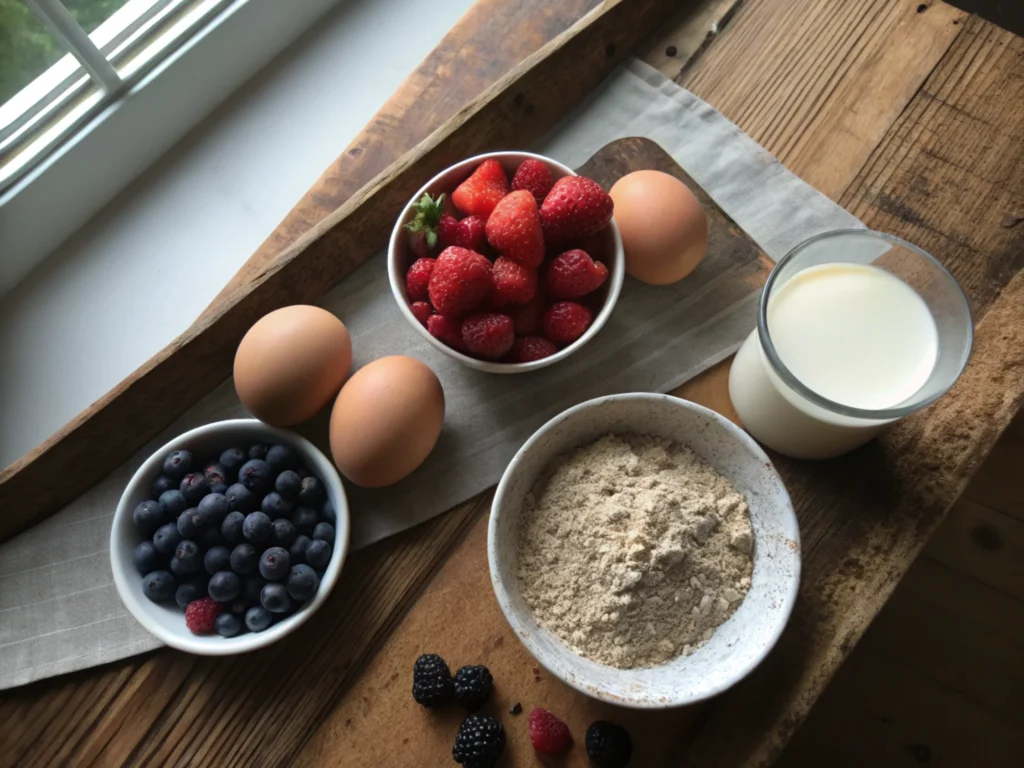 Flat-lay of fresh ingredients on a wooden countertop