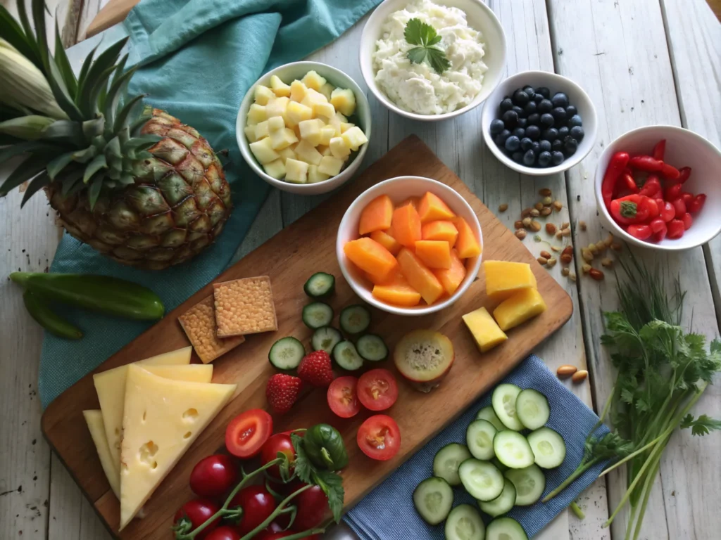 Flat-lay of fruits, vegetables, nuts, and herbs on a wooden table